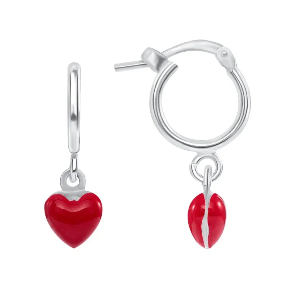 Sterling Silver 925 Dangle Red Enamel Heart Plain Huggies Hoop Earrings